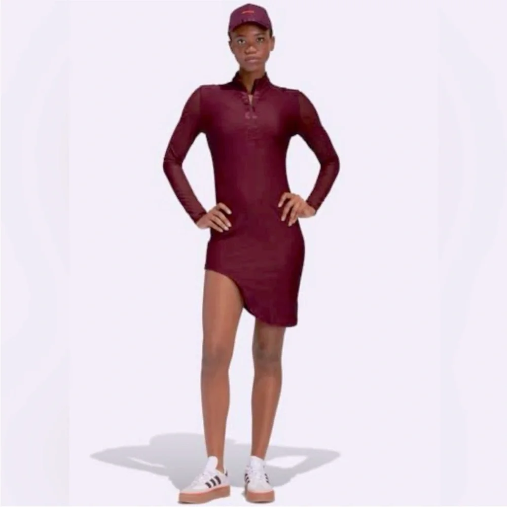Adidas × IVY PARK Long Sleeve Front Zip Bodycon Asymmetric Mini Dress Maroon S - Picture 11 of 12